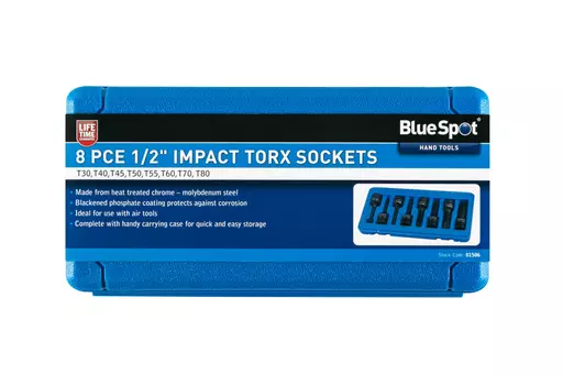 8 PCE 1/2" Impact Torx Sockets (T30-T80)
