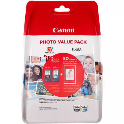 Canon 3712C004/PG-560XLCL561XL Printhead cartridge multi pack black + color +50 sheet Photopaper 14,3ml + 12,2ml Pack=2 for Canon Pixma TS 5350