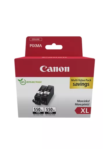 Canon 6431B010/PGI-550PGBKXL Ink cartridge black high-capacity pigmented twin pack Blister, 2x500 pages ISO/IEC 24711 5615 Photos 22ml Pack=2 for Canon Pixma IP 8700/IX 6850/MG 5450/MG 6350/MX 725