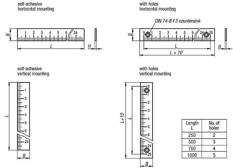 Scale Self Adhesive. 750mm Length. Zero Point Top. Vertical. Aluminium.