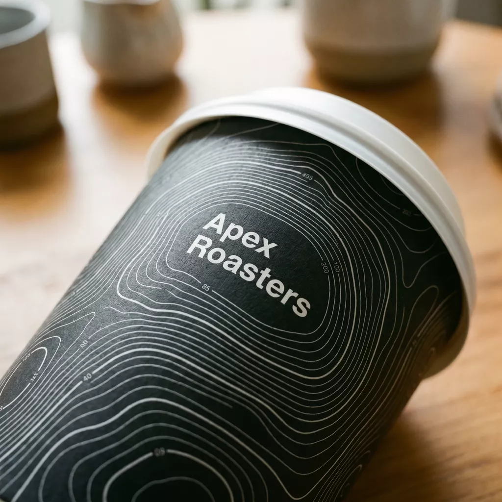 Custom printed cup showing full wrap-around branded design on wood surface