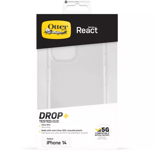 OtterBox React Case for iPhone 14, Shockproof, Drop proof, Ultra-Slim, Protective Thin Case, Tested to Military Standard, Antimicrobial Protection, Clear