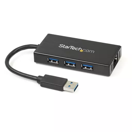 StarTech.com 3-Port Portable USB 3.0 Hub plus Gigabit Ethernet - Aluminum with Built-in Cable~3-Port Portable USB 3.0 Hub plus Gigabit Ethernet - 5Gbps - Aluminum with Built-in Cable