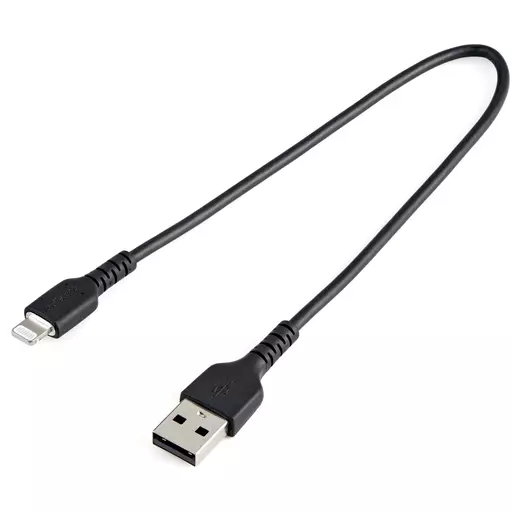 StarTech.com 12inch (30cm) Durable Black USB-A to Lightning Cable - Heavy Duty Rugged Aramid Fiber USB Type A to Lightning Charger/Sync Power Cord - Apple MFi Certified iPad/iPhone 12