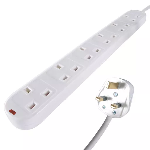 connektgear 2m 6 Way Surge Protected Power Extension Block - UK Plug to 6 x UK Sockets - White