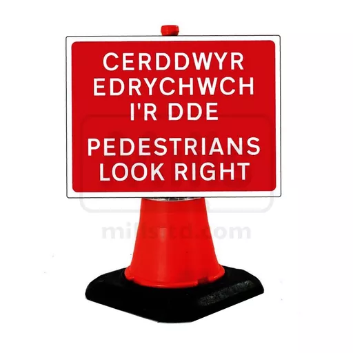 Mills Pedestrians Look Right / Cerddwyr Edrychwch I'r Dde Cone Sign - 600 x 450mm
