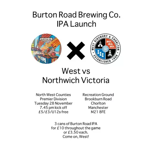 Burton Road IPA launch: West vs Northwich Victoria, Tuesday 28 November  