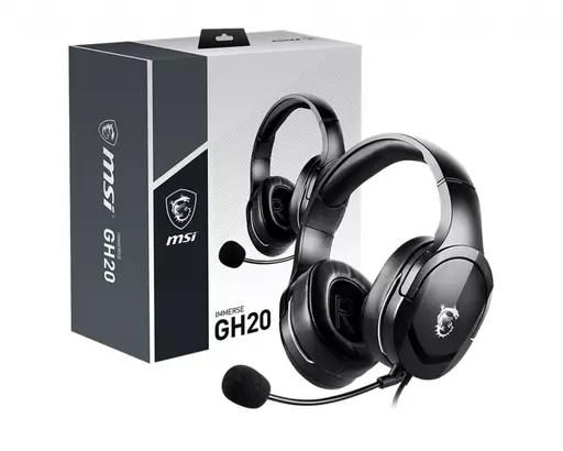 MSI IMMERSE GH20 Gaming Headset '3.5mm inline with audio splitter accessory, Black, 40mm Drivers, Unidirectional Mic, PC & Cross-Platform Compatibility'