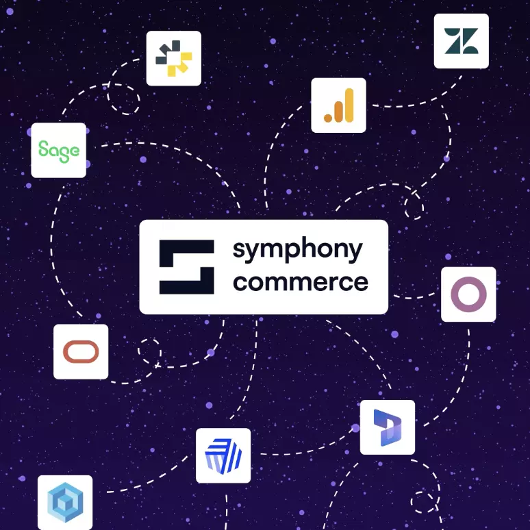 Dark galaxy inspired background with the Symphony Commerce logo in the centre and a spider web of platform integrations around