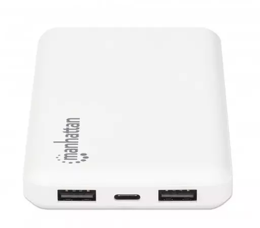 Manhattan Power Bank, 10000 mAh, Output: 2x USB-A (2.1A & 1A), Input: USB-C & Micro-USB (both 2A), White, One Year Warranty, Blister