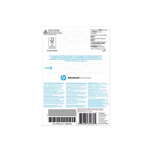 HP Advanced Photo Paper, Glossy, 250 g/m2, 10 x 15 cm (101 x 152 mm), 100 sheets