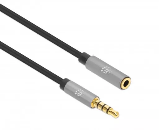 Manhattan Stereo Audio 3.5mm Extension Cable, 1m, Male/Female, Slim Design, Black/Silver, Premium with 24 karat gold plated contacts and pure oxygen-free copper (OFC) wire, Lifetime Warranty