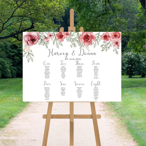 Personalised Wedding Table Plan Pink Roses