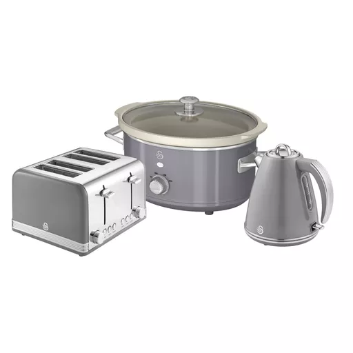 Retro 4 Slice Toaster, Cordless Kettle and Slow Cooker Bundle in Grey
