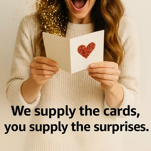 Woman smiling as she opens a handmade card with a glitter heart inside.