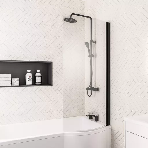 6mm 1400 x 735mm Right Hand (RH) P-Shaped Bath Screen - Matt Black