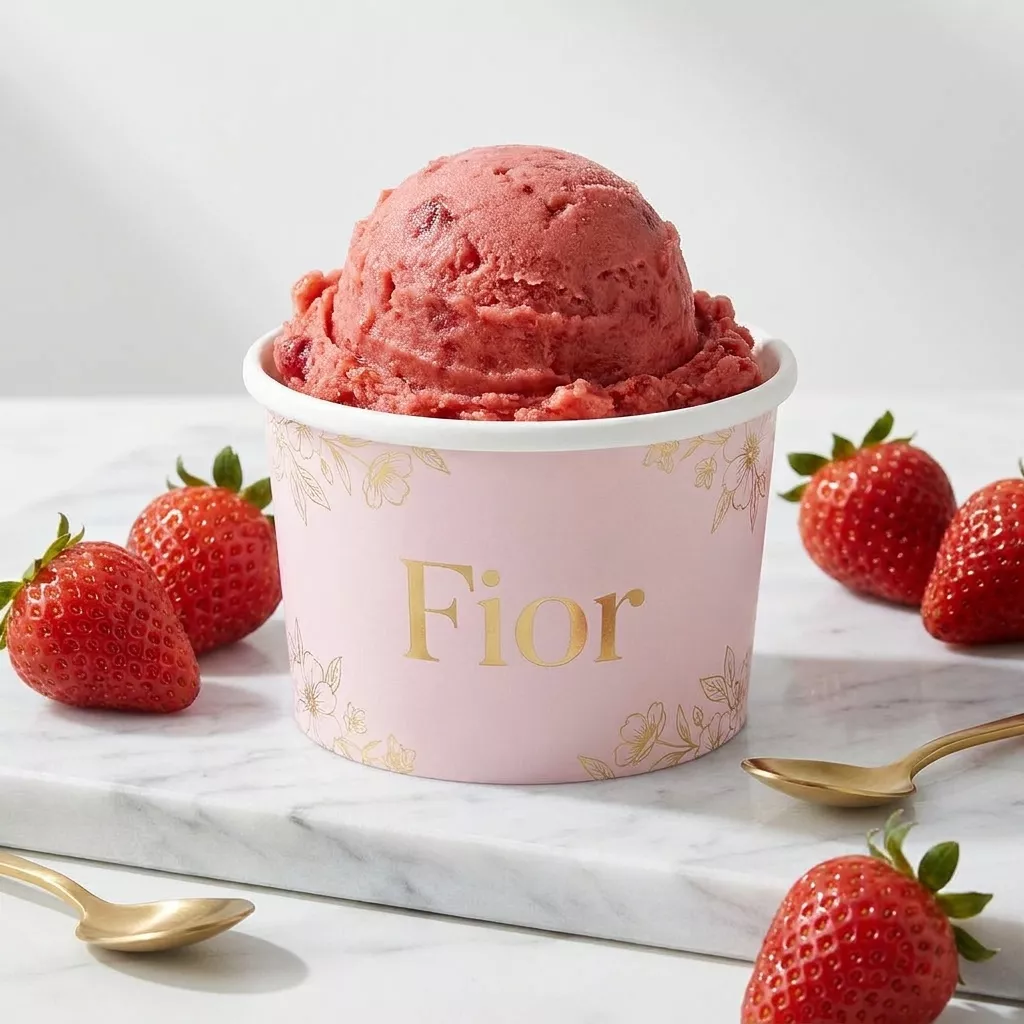 Custom printed ice cream cup with floral label design for Fior gelato brand