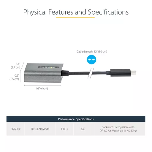 StarTech.com USB C to DisplayPort Adapter - 8K/4K 60Hz USB-C to DisplayPort 1.4 Adapter Dongle - USB Type-C to DP Monitor Video Converter - Works w/Thunderbolt 3 - w/12" Long Attached Cable