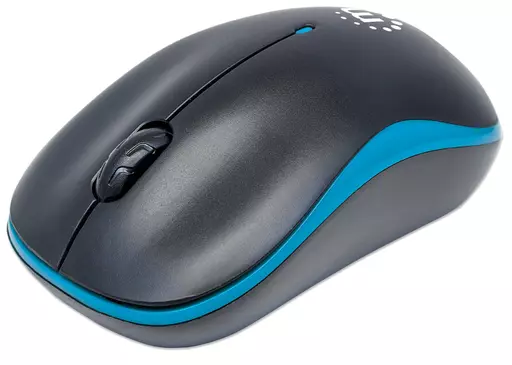 Manhattan Success Wireless Mouse, Black/Blue, 1000dpi, 2.4Ghz (up to 10m), USB, Optical, Three Button with Scroll Wheel, USB micro receiver, AA battery (included), Low friction base, Three Year Warranty, Blister