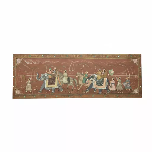 Hand-Painted Indian Wooden Panel – Royal Procession Scene