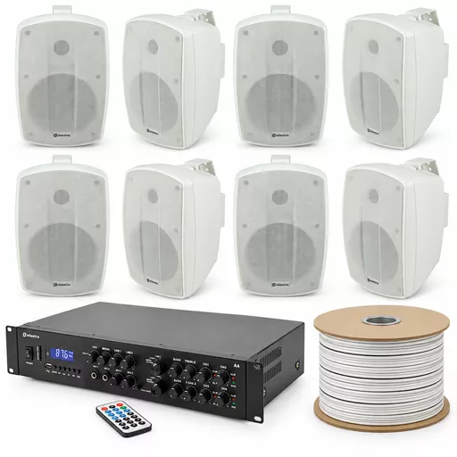 Adastra A4 Dual Zone Background Music System with 8 White BH-6W Speakers & 100m Cable