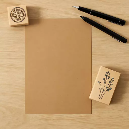 A4 brown kraft card on a table with pens and ink stamps arranged around it.