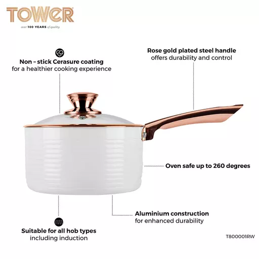  TOWER T800001RW Saucepan Set, Linear Collection with Easy Clean  Non-Stick Ceramic Coating, Aluminium, White and Rose Gold : Home & Kitchen