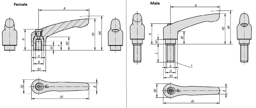 Clamp Lever. 65mm Handle Length. M8 Stainless Steel Thread.