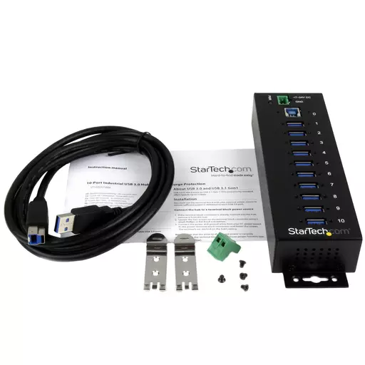 StarTech.com 10-Port Industrial USB 3.0 Hub - ESD and Surge Protection~10-Port USB 3.0 Hub - 5Gbps - Metal Industrial USB-A Hub with ESD & Surge Protection - Din Rail, Wall or Desk Mountable - TAA Compliant USB Expander Hub