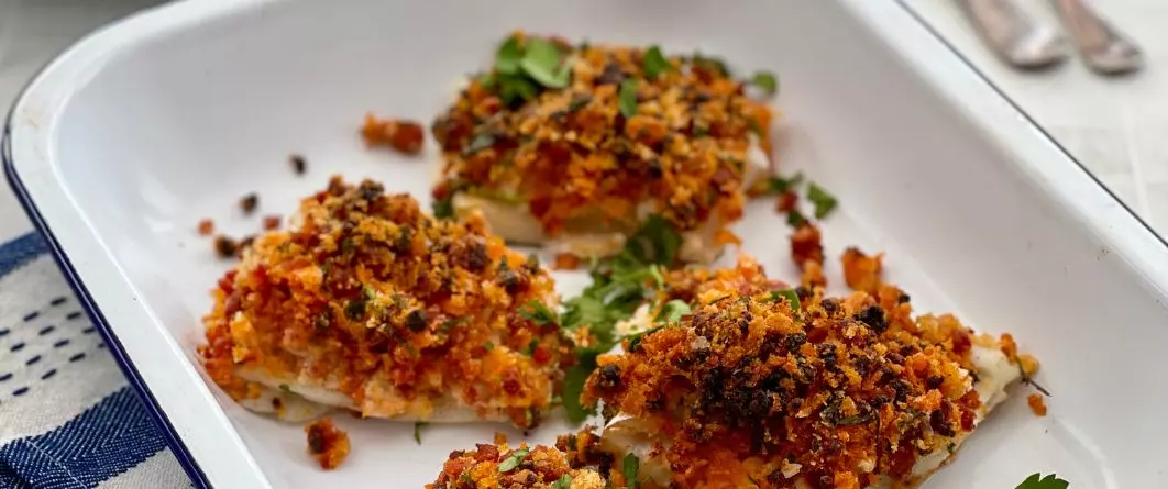 Spanish Chorizo Crusted Cod with Roast Vegetables