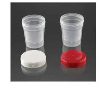 Specimen Containers, 120ml, Conical, with Screw Caps, Sterile, Red, Assembled cap, Bulk, PK300