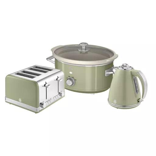 Retro 4 Slice Toaster, Cordless Kettle and Slow Cooker Bundle in Green