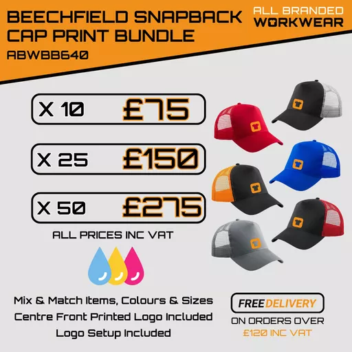 Printed Beechfield Snapback Trucker Cap Bundle