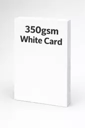 Upright stack of white card with text overlay reading “350gsm White Card”.