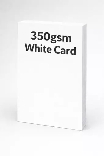 Upright stack of white card with text overlay reading “350gsm White Card”.