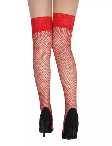 sexy red hold up stockings fishnet hosiery size 8 10 12 14 16 M L medium silicon band