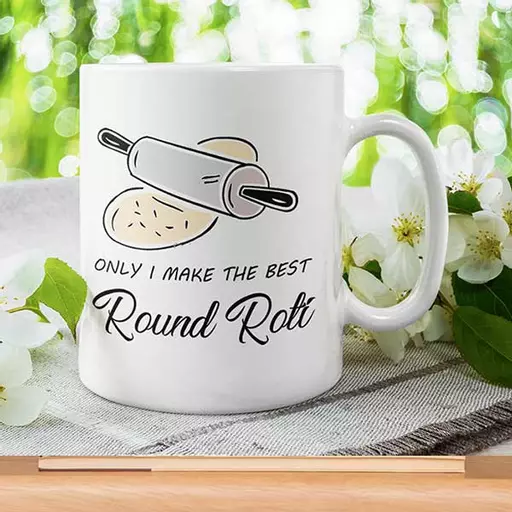 Personalised Round Roti Funny quote mug. Desi fusion custom gift with custom message