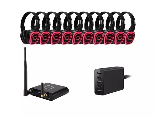 Q-Audio 10 Way Silent Disco Bundle with Bluetooth Transmitter & Charger