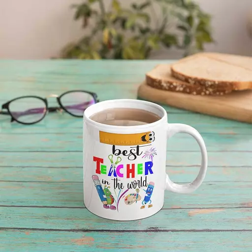 Custom best teacher in the world mug with educator's name. Personalised keepsake