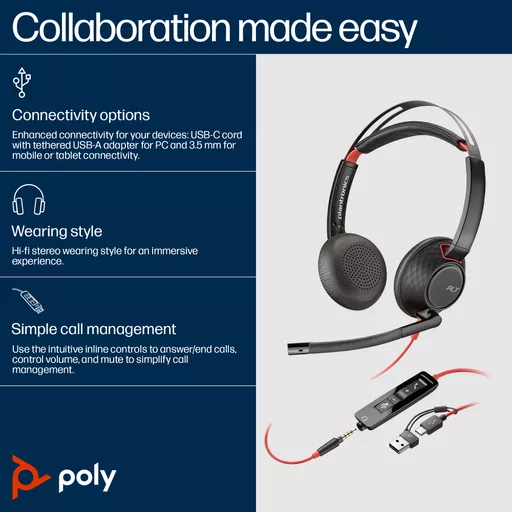 Poly Blackwire 5220 Stereo USB-C Headset +3.5mm Plug +USB-C/A Adapter