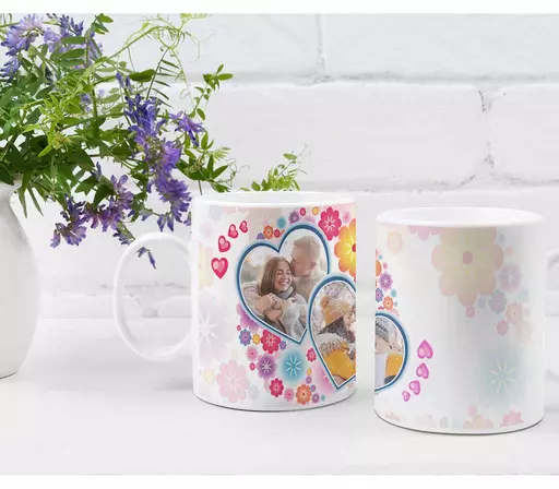 Personalised Twin Heart Photo Mug with Flowers Design