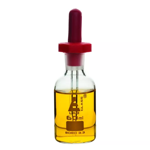 Bottles, indicator, dispensing, clear glass, plastic stoppers, vinyl teat and graduated, 60 cm3