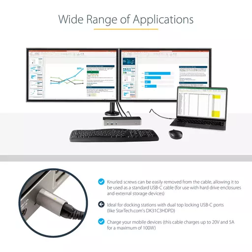 StarTech.com 20" (50cm) Top Screw Locking USB C Cable 10Gbps - USB 3.1/3.2 Gen 2 Type-C Cable - 100W (5A) Power Delivery Charging, DP Alt Mode - Single Screw Lock, USB-C Cord Charge/Sync