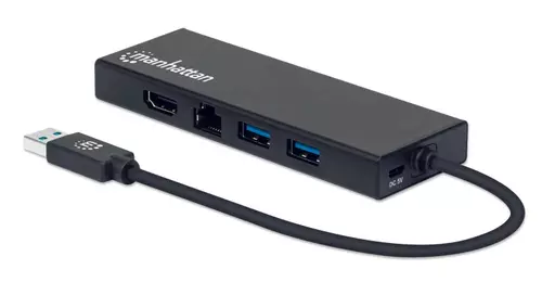 Manhattan USB-A Dock/Hub, Ports (x5): Ethernet, HDMI, USB-A (x2) and VGA, Micro-USB Power Input Port (Optional, only when additional power needed. Not required for dual monitor functionality. Cable not included), Aluminium, Black, Three Year Warranty, Ret