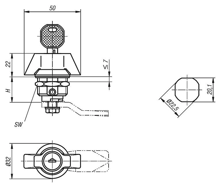 Quarter Turn Lock. Wing Grip. 18mm Height. Stainless Steel.