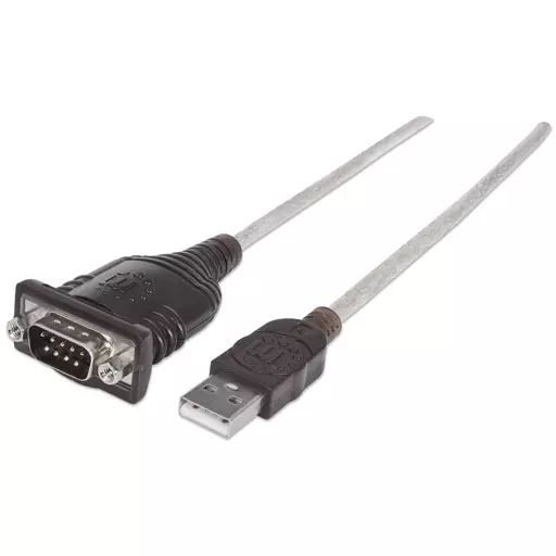 Manhattan USB-A to Serial Converter cable, 45cm, Male to Male, Serial/RS232/COM/DB9, Prolific PL-2303RA Chip, Equivalent to ICUSB232V2, Black/Silver cable, Three Year Warranty, Polybag