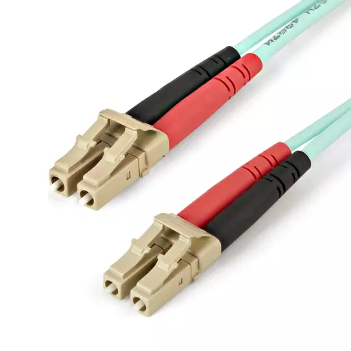 StarTech.com Aqua OM4 Duplex Multimode Fiber Optic Cable - 100 Gb - 50/125 - LSZH - LC/LC - 1 m~1m (3ft) LC/UPC to LC/UPC OM4 Multimode Fiber Optic Cable, 50/125µm LOMMF/VCSEL Zipcord Fiber, 100G Networks, Low Insertion Loss, LSZH Fiber Patch Cord