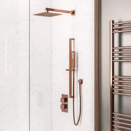 Twin Valve, Square Shower Head Square Riser Kit, Outlet Elbow, Hose, Handset Brushed Bronze