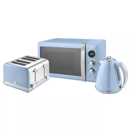 Retro 4 Slice Toaster, Cordless Kettle and Digital Microwave bundle in Blue