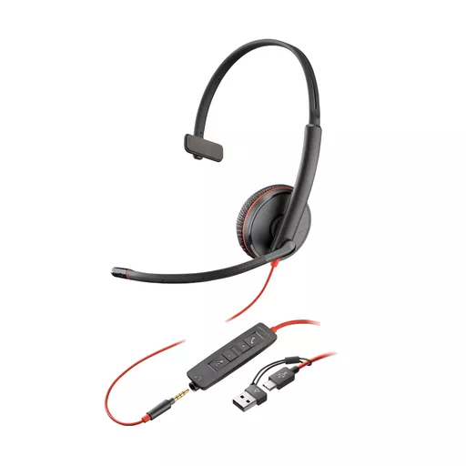 Poly Blackwire 3215 Monaural USB-C Headset +3.5mm Plug +USB-C/A Adapter